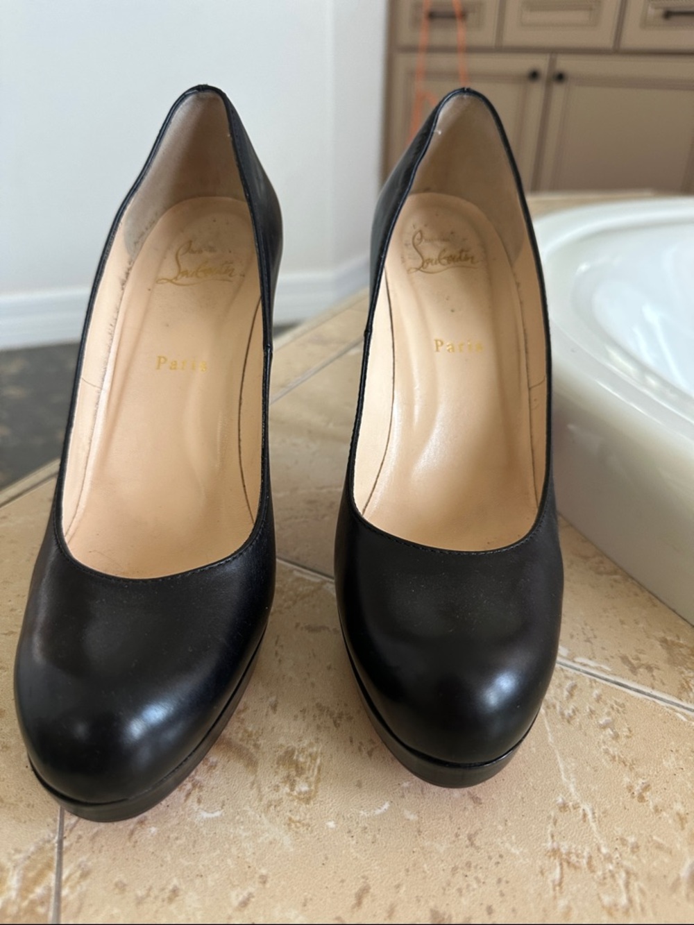 Christian Louboutin Black Leather Round-Toe Platform Pumps